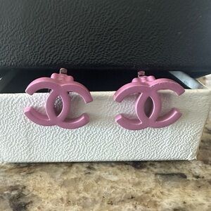 CHANEL Pink Logo Stud Earrings